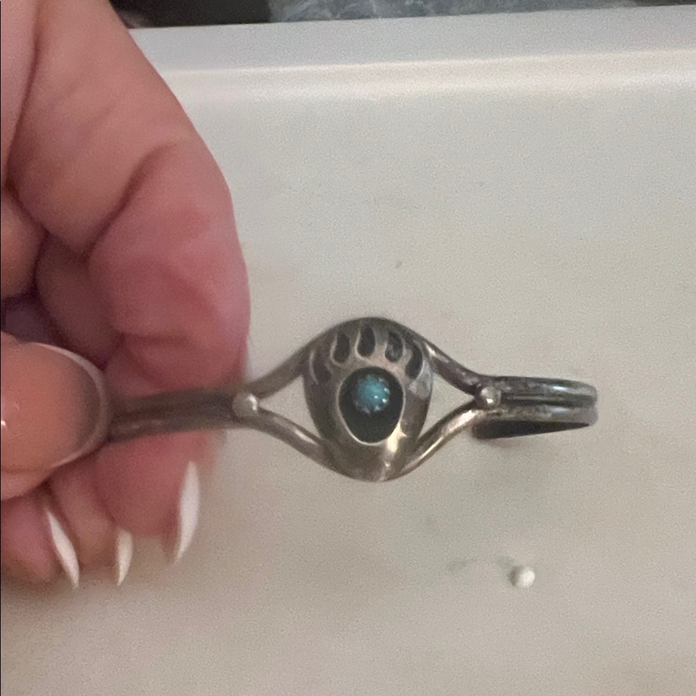 Zuni Child’s Sterling Silver Bear Paw Bracelet with Turquoise Accent